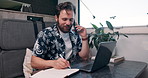 Happy man, laptop or phone call with book in caravan for remote work, discussion or conversation. Male person, freelancer or talking with mobile smartphone, notebook or computer for business proposal