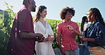 Friends, laughing or conversation in vineyard with wine for summer holiday, joke or bonding together. Countryside, winery tour or people in nature with grape vines, alcohol drink or funny discussion.