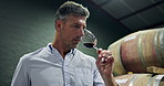 Experience, man and wine tasting with smell in cellar for quality control, test flavor and low angle. Sommelier, mature person and swirl glass in storage to release aroma, check faults and enology