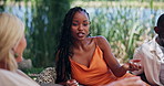 Friends, relax or picnic outdoor with gossip for social gathering, conversation or bonding together. People, chill or explain story in nature with discussion, summer holiday or connection on weekend.