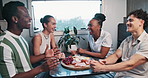 Charcuterie, conversation and friends laughing in caravan,  road trip or humor for bonding holiday. Funny joke, talk and happy people with snack board for journey, connect or travel vacation together