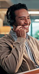 Businessman, agent and laugh with headset for online advice or consultation at call center. Man, employee and funny joke with explanation on computer for customer service or tech support at office