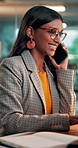 Phone call, feedback and woman with discussion in office for creative project with online article. Smile, glasses and magazine editor with typing for communication, review or publishing on technology