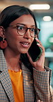 Phone call, agenda and woman with discussion in office for creative project or online article. Communication, glasses and magazine editor with typing for feedback, review or publishing on technology