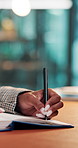 Secretary, hands or writing in notebook at desk, document schedule change or to do list for admin support. Office reminder, arrangement planner or person with calendar info notes, bokeh or track task