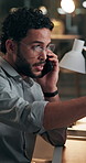 Phone call, communication and businessman in office at night for finance negotiation with budget review. Cellphone, contact and male financial manager on mobile discussion for investment in workplace