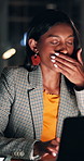 Night, laptop or woman with yawn in office for mental fatigue, article editing or overworked. Media agency, tired journalist and tech with low energy from breaking news deadline, brain fog and bokeh