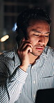 Man, phone call and stress at night, startup and laptop with contact for story lead at media company. Person, journalist and smartphone with talk, deadline or overtime for article at creative agency