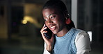 Happy, black woman and night with phone call in office for business advice, help or support. Female person, consultant or agent talking with mobile smartphone in late evening for virtual assistance