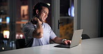 Night, tired man and laptop in office with neck pain from bad posture, marketing workload or fatigue. Late, exhausted person or muscle tension with computer, advertising project or deadline pressure.