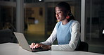 Creative, black woman and laptop in office at night for research, editing article and draft update. Journalist, typing and pc to email editor, proofreading and submission for publication deadline