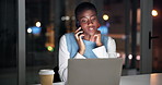 Business, woman and laptop with phone call at night for tender negotiation, upsell or deal closer. International account manager, black person or contact client in office for contract update or bokeh