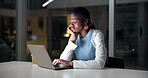 Bored, employee and woman with laptop, night or low energy for article on web, reporter and newsroom. Tired, journalist and black person with tech for deadline, burnout and working late with fatigue