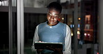 Night, business and black woman with tablet, thinking and deadline for publication. African person, evening and journalist in office, tech and research for website blog, ideas or decision for article