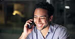 Happy man, night and discussion with phone call in office for online advice, help or conversation. Businessman, consultant or agent talking on mobile smartphone in late evening for virtual assistance