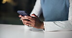 Typing, night or hands in office with phone, schedule update or online communication on email app. Digital, woman or employee in agency with tech, agenda change or evening networking in overtime.