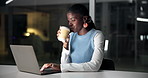 Night, coffee or black woman typing with laptop in office, drink or track investment performance. Late research, forecast report or financial analyst with caffeine for energy, stocks strategy or tech