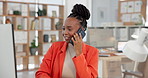 Phone call, consulting and computer with business black woman for planning, editor feedback and contact. Virtual advisor, story fact check and communication with person in media agency for project