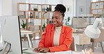 Computer, typing or happy black woman with business feedback, claims submission or reading documents. Technology, insurance broker and person in office with paperwork, policy or risk assessment email