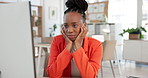 Media agency, sad and black woman in office, computer and bored with burnout, stress and tired. African person, employee and journalist in workplace, pc and overtime with break, fatigue and mistake