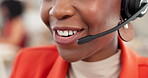 Mouth, woman and headset with smile at call centre for consultation, customer support and advice. Closeup, female agent and talking with mic for crm, telecom and helping client with online assistance
