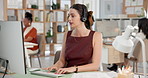 Computer, headset and typing with business woman in workplace for consulting, feedback or review. Conversation, pc and support with employee in coworking office for problem solving or solution