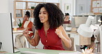 Media agency, fist pump or woman in office, computer or publication for website blog. Happy person, copywriting or journalist with pc, bonus or email for good news, achievement or success for article
