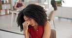 Business woman, headache and eye strain with mistake in office for overworked, fail or pressure. Frustrated, female person or migraine with stress for burnout, fatigue or mental health in workplace