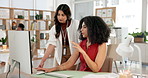 Collaboration, business women and computer with website , review and teamwork for project. Tech, talking and creative staff with discussion, research approval and journalist report in agency office
