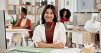 Happy, crossed arms and face of businesswoman in office with confidence for creative career. Smile, job development and portrait of female magazine editor with pride for publishing in workplace.