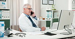 Phone call, mature man and doctor in office for telehealth, feedback or advice on medical diagnosis. Telephone, documents and male healthcare worker on landline discussion for checkup in clinic.