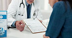 Medical, hands or people in office with form, discussion or advice for health insurance application. Healthcare, patient or doctor in clinic with contract, hospital aid or question on wellness survey