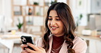 Woman, smile and phone in office for networking, small business expansion and review feedback. Entrepreneur, typing and tech in creative startup for email response, communication and schedule update