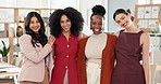 Face, women and business people in office with hug, collaboration and inclusion for company goals. Happy, group and team embrace in workplace with unity, diversity and support for female empowerment.