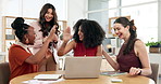 Team, high five and women with laptop, office and applause for campaign success, colleagues and win. Excited, celebration and people with tech for digital marketing, clapping and achievement on web
