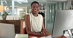 Computer, face and laughing with business black woman in office for accounting or finance. Funny, pc and productivity with happy African accountant at desk in financial workplace for portfolio review