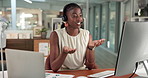 Consultant, contact us and happy black woman with computer for tech support, data analysis or advice. IT assistance, agent or person speaking to customer for help with software metrics in call center
