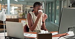 Woman, computer and blowing nose in office with tissue for influenza, sinus infection and data analysis. Sick, black person sneeze and toilet paper with hayfever, virus symptoms or desktop for stats.