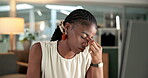 Woman, headache or burnout in office with computer for digital marketing crisis, campaign fail or error. Exhausted, black person and migraine with pc, advertising compliance issue or reputation risk.