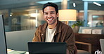 Computer, face and laughing with designer man at desk in dark office for creative or web development. Design, funny and laptop with happy person in workplace for project planning or research at night