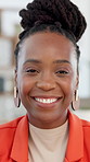Happy, professional and face of black woman in office with confidence for creative career. Smile, about us and portrait of African female magazine editor with pride for job development in workplace.