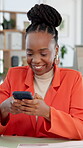 Break, smile and black woman typing with phone in office, check notification or share funny video. Browsing internet, social media or person laughing with mobile app, comic chat or reply to message