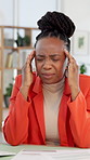 Headache, black woman and burnout in office with migraine, strain or stress. Anxiety, pressure and African person with document in creative agency with temple massage, fatigue or pain in workspace
