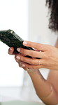 Business, typing or hands in agency with phone, social media update or client chat on online app. Digital, woman or employee in office with tech, message feedback or notification on stakeholder email