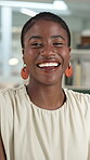 Happy, face or black woman in office for fashion, experience or pride in collection development. Laugh, creative job or designer in agency with confidence, about us or career in clothing industry.