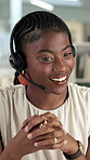 Consulting, conversation and headset with black woman in call center for assistance or help. Customer service, feedback and review with happy African employee in office for solution or support