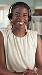 Call center, face or black woman in office with headset, experience or pride in customer outreach. Laugh, telemarketing or sales agent in agency with confidence, about us or career in lead generation