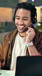 Headset, laughing and typing business man in call center for assistance or virtual help. Computer, customer service and feedback with happy employee in office for contact us, solution or support