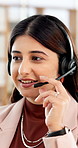Happy, telemarketing and woman with headset, office and discussion with contact and lead generation. Call center, agent and person with mic for sales offer, consultation and communication with tech
