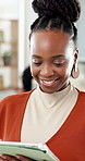 Journalist, reading or black woman with tablet in creative agency, check notes or review story feedback. Publication site, tech or writer with online suggestion for article improvement, news or smile